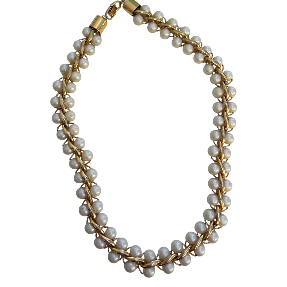 Vintage Gold Tone Faux Pearl Woven Curb Chain Necklace 16 Inch Choker